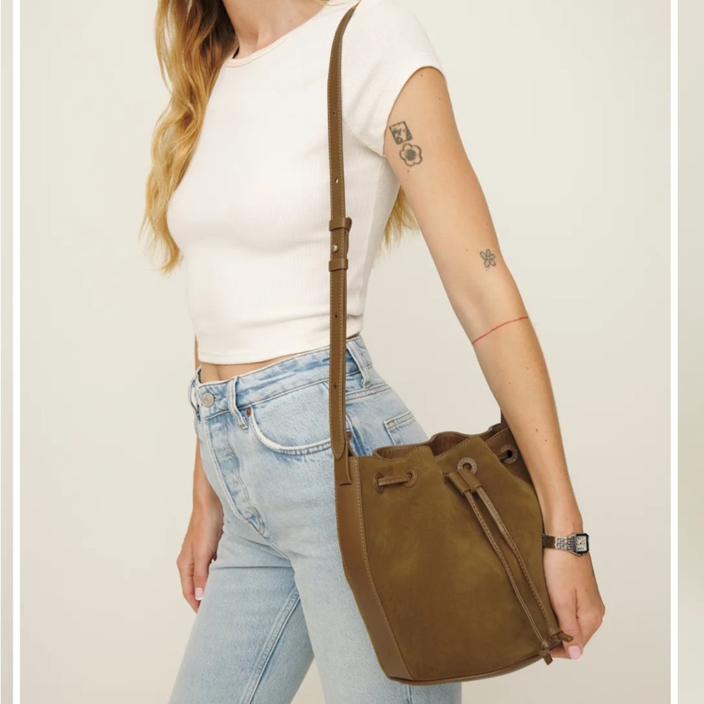 LIKE NEW REFORMATION Ornellia Bucket Bag, Bog Suede - Picture 4 of 9